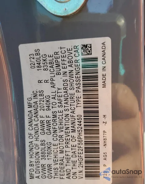 2023 Honda Civic Sport z USA, uszkodzony, nr VIN 2HGFE2F56PH524450